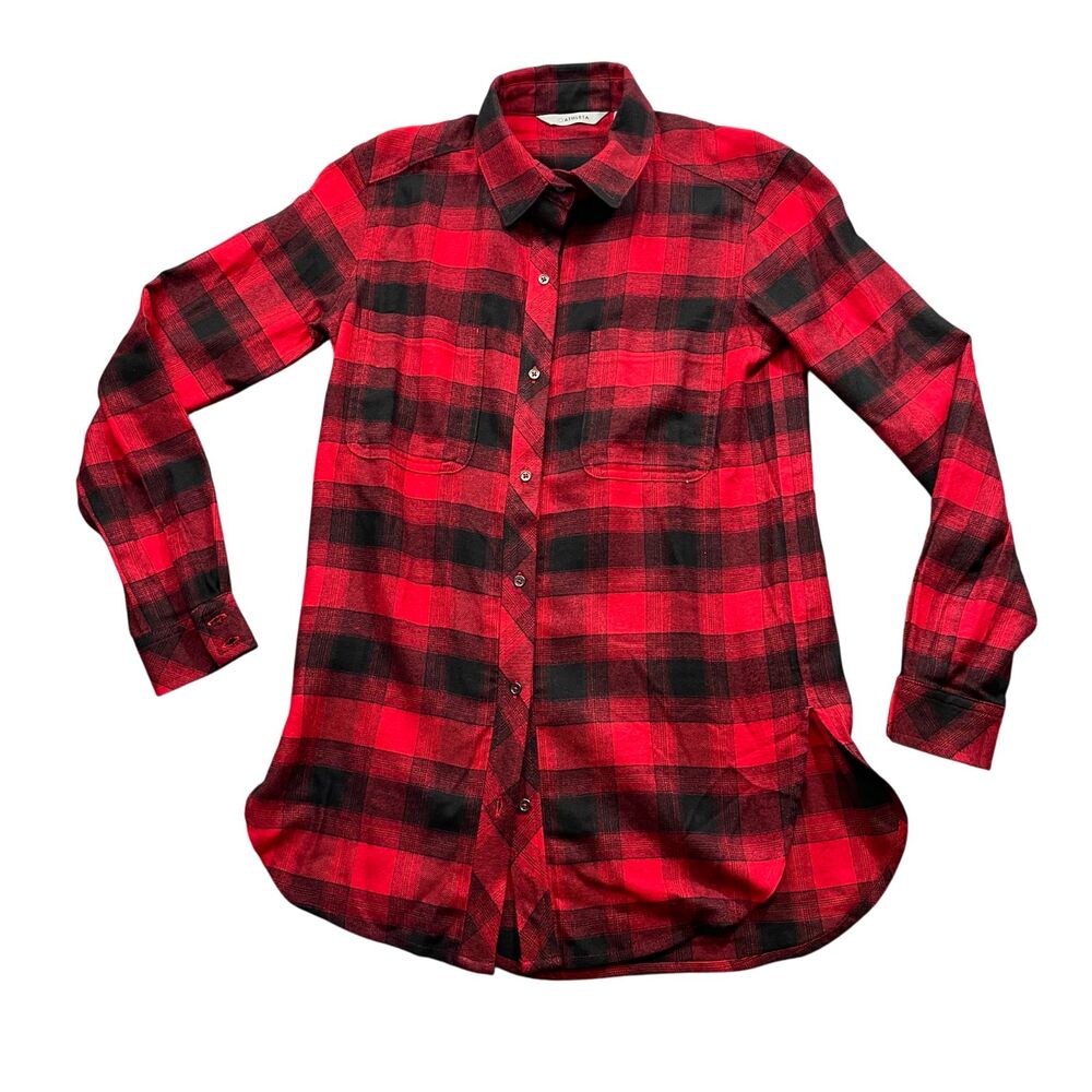 Athleta XS Red Plaid Womens Flannel Button Up Cotton‎ Blend Long Sleeve